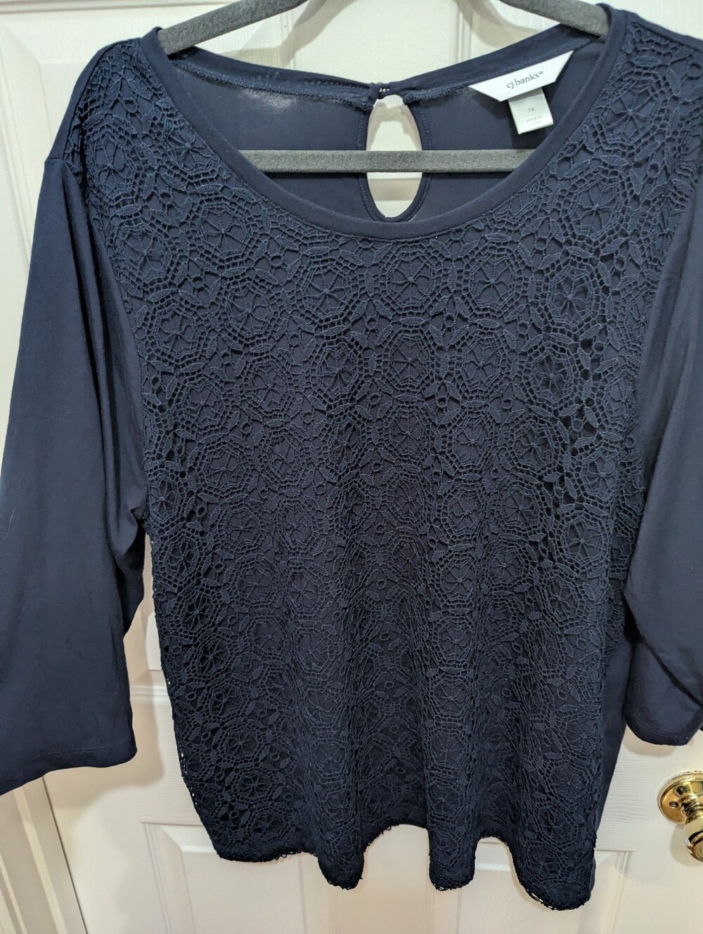 CJ Banks Navy Crochet Front Blouse